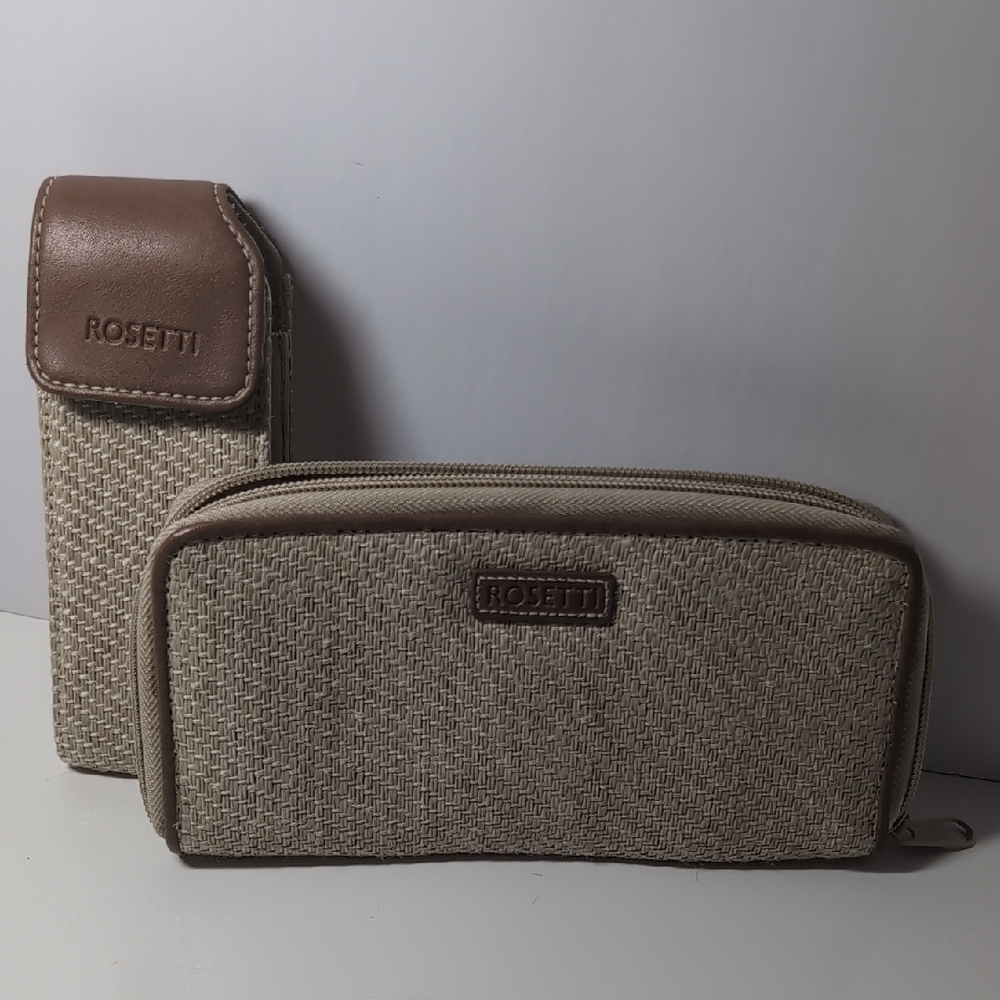 Rosetti Wallet And Cellphone/Eyeglass Case - Beige/Tan With Brown Trim - Set